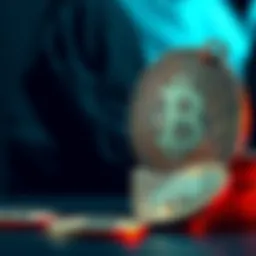 Crypto and Crime A symbolic representation of cryptocurrency coins next to a shadowy figure, illustrating the dark connections between crypto and criminal activities.