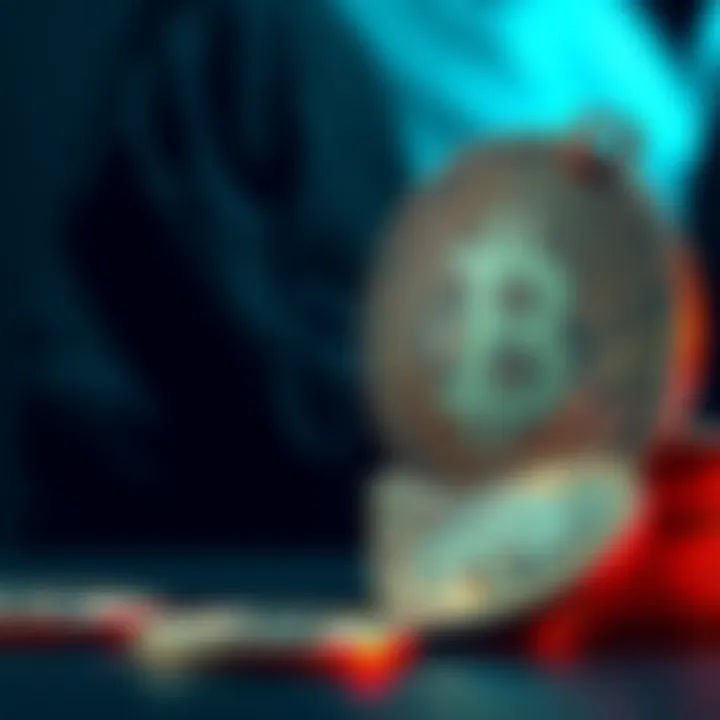 Crypto and Crime A symbolic representation of cryptocurrency coins next to a shadowy figure, illustrating the dark connections between crypto and criminal activities.