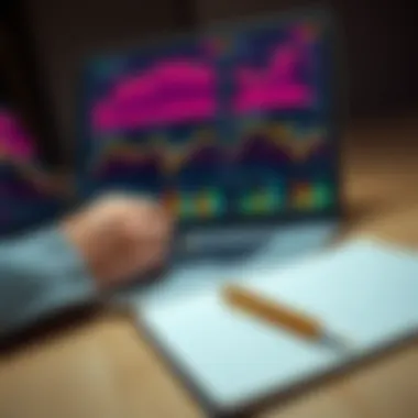 A person analyzing cryptocurrency charts on a laptop, showing focused emotions with a notebook and pen beside them.