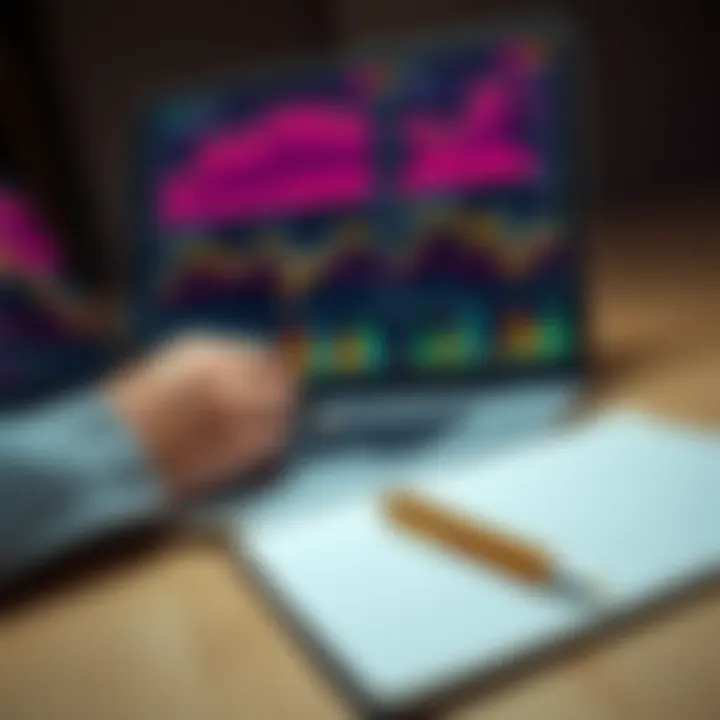 A person analyzing cryptocurrency charts on a laptop, showing focused emotions with a notebook and pen beside them.