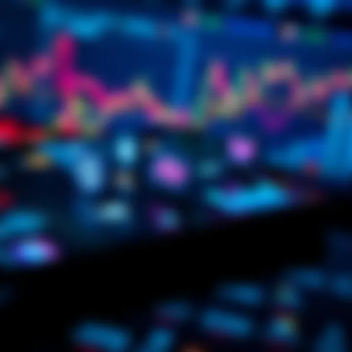 A smartphone displaying various cryptocurrency app icons with charts and graphs in the background