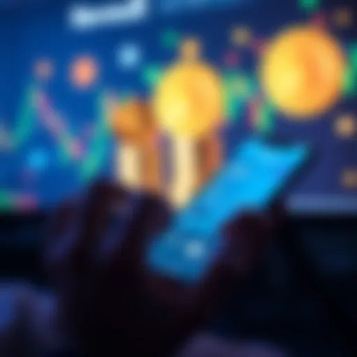 Crypto Assets on Revolut A person checking cryptocurrency prices on the Revolut app on their smartphone, with a background of coins and digital graphics.
