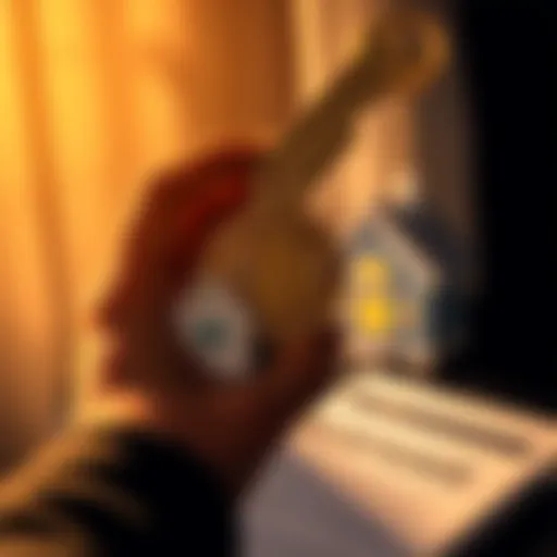 Crypto-Backed Mortgage Concept A person holding a house key with a Bitcoin symbol and a mortgage document in the foreground, representing cryptocurrency-backed home loans.