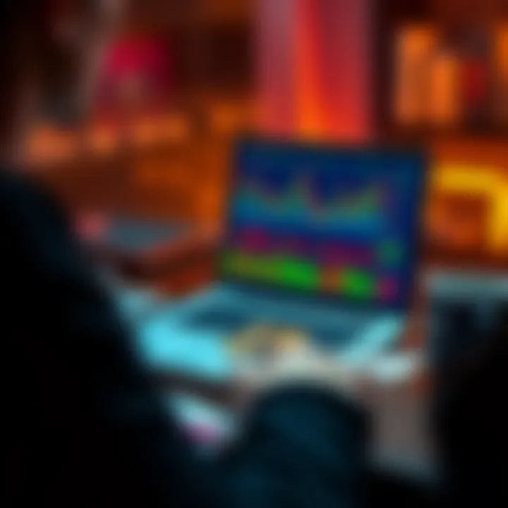 A visual representation of a person looking at a laptop showing cryptocurrency graphs and digital coins, with notes and a coffee cup nearby.