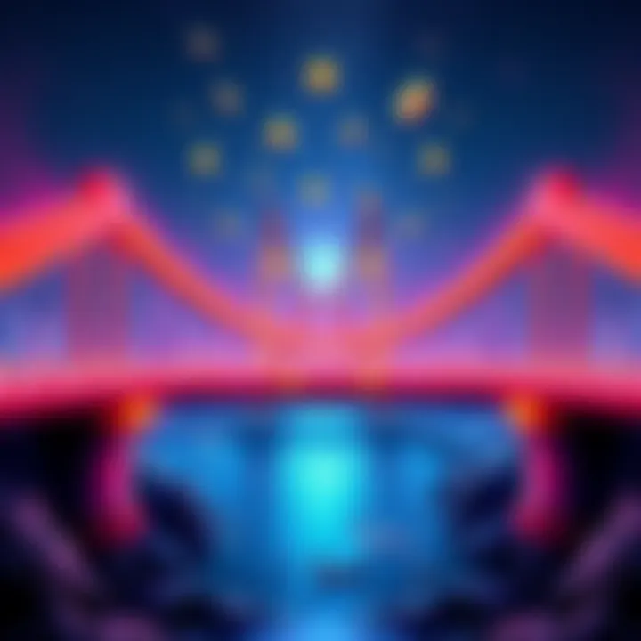 A visual representation of a cryptocurrency bridge connecting Solana and Binance Smart Chain, showcasing digital coins swapping between the two chains.