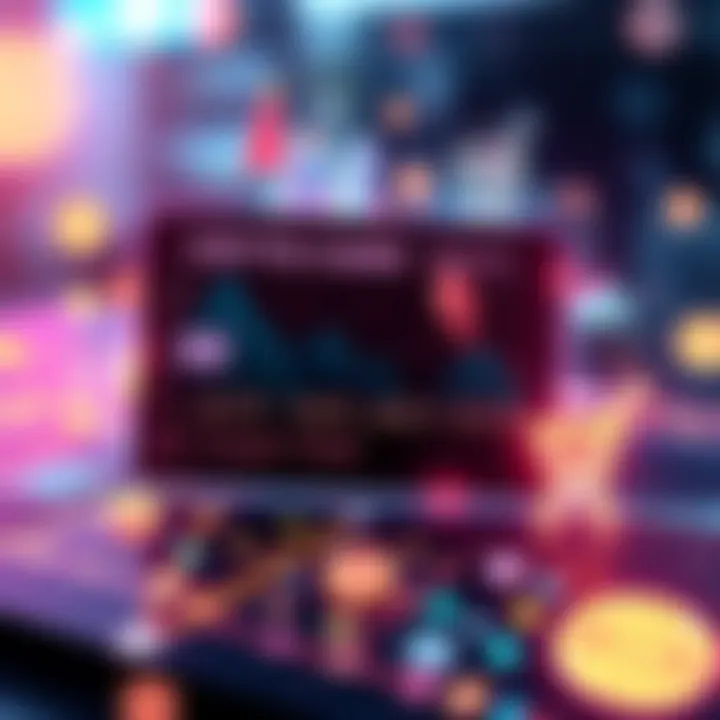 A digital representation of a virtual crypto card with graphics indicating online spending and budgeting features, surrounded by symbols of hotels and grocery items.