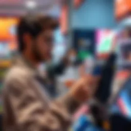 A person using a crypto card at a checkout, showing a digital wallet on their phone and a payment terminal.