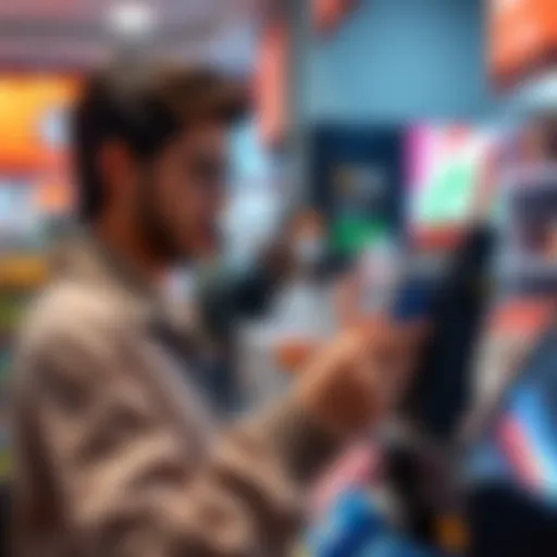A person using a crypto card at a checkout, showing a digital wallet on their phone and a payment terminal.