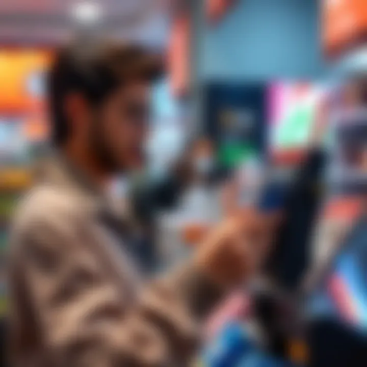 A person using a crypto card at a checkout, showing a digital wallet on their phone and a payment terminal.