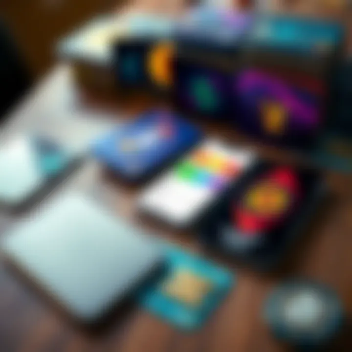 Various crypto cards arranged on a wooden table with a digital wallet app open on a smartphone beside them.