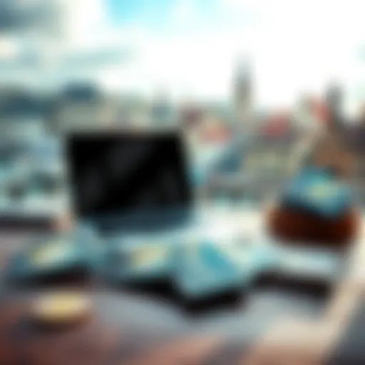 Various cryptocurrency cards displayed on a table with a laptop and European landmarks in the background