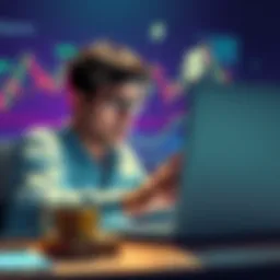 A person looking stressed while checking their crypto account on a laptop, surrounded by charts showing market fluctuations and dollar signs
