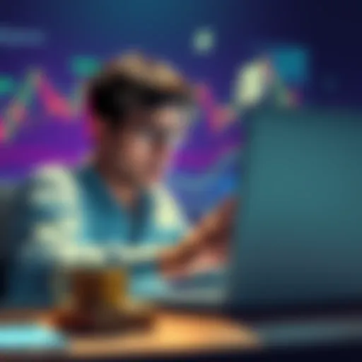 A person looking stressed while checking their crypto account on a laptop, surrounded by charts showing market fluctuations and dollar signs