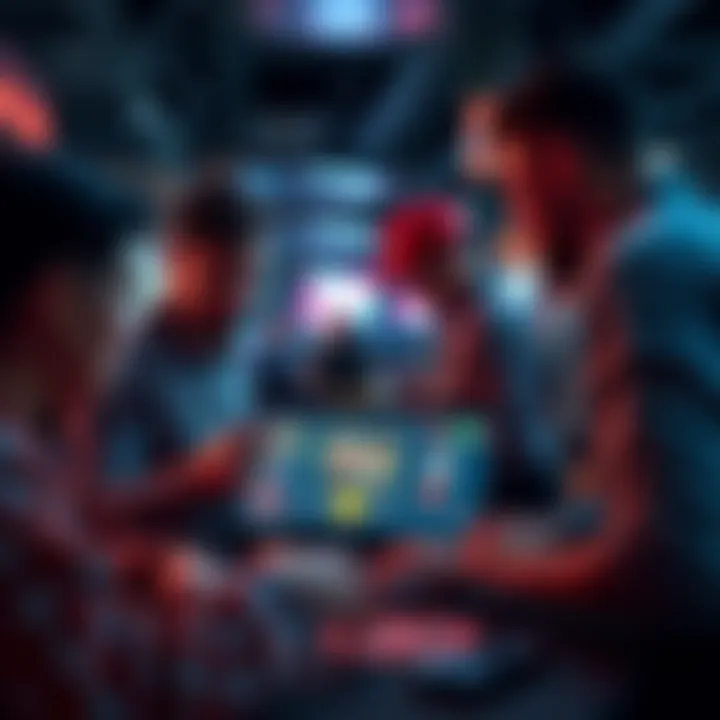 Group of people discussing and exchanging crypto casino accounts with negative balances, focused on a laptop screen showing a gaming interface