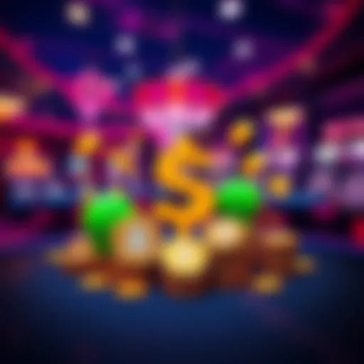 A visual representation showing different cryptocurrencies with dollar signs and coins symbolizing transaction fees in a casino setting.