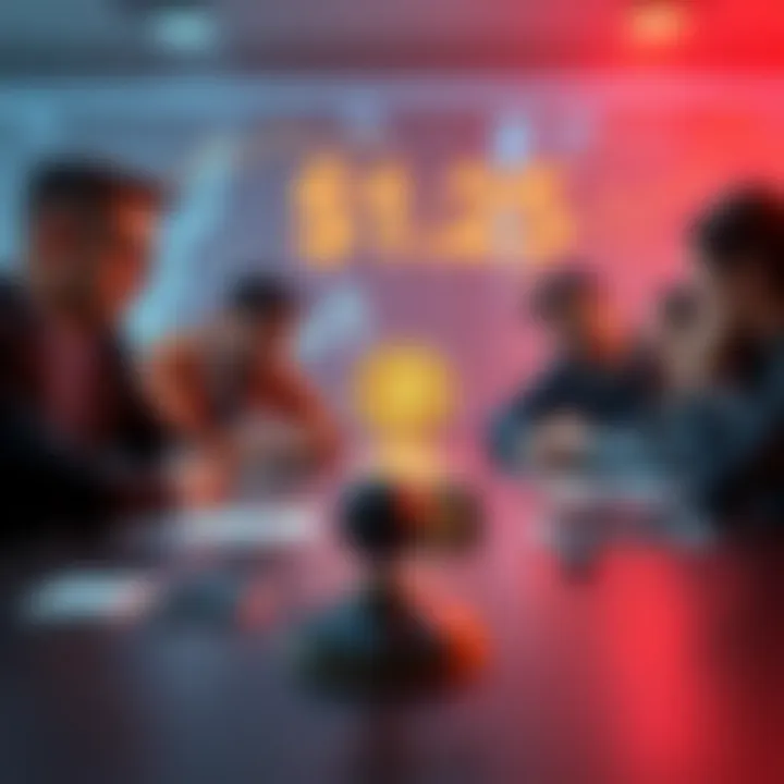 Graph showing a downward trend in cryptocurrency value, with a focus on a specific coin symbol. People discussing around a table with worried expressions.
