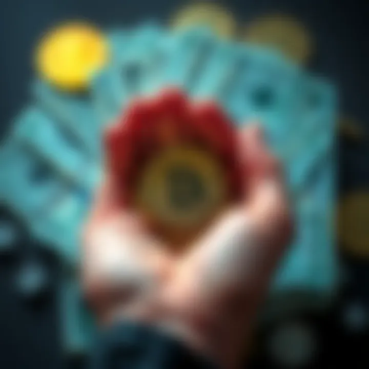 A hand holding cryptocurrency coins with cash in the background, representing conversion from crypto to cash