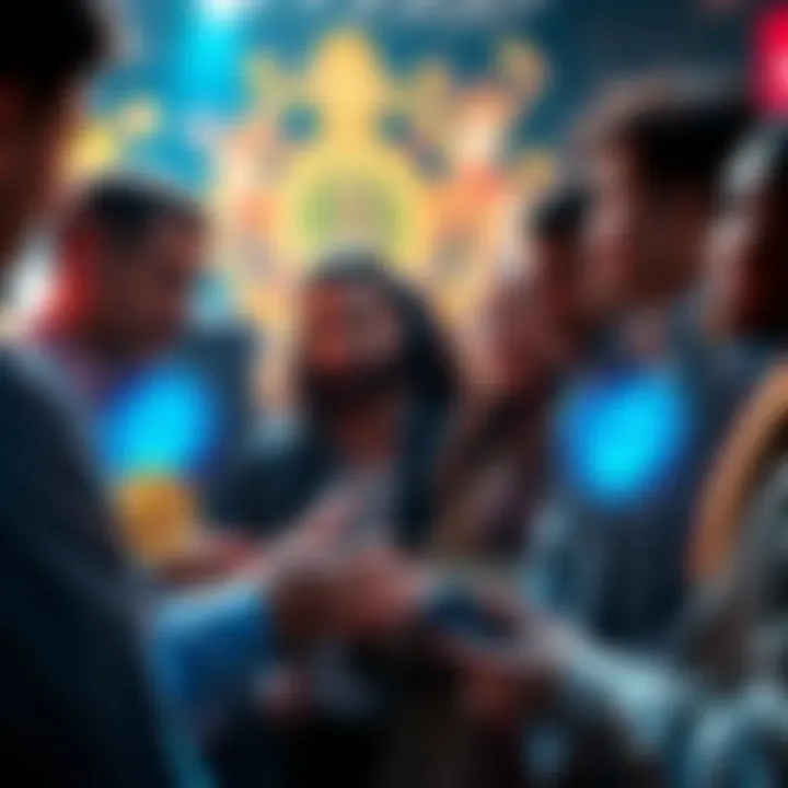 A group of diverse people discussing investments in cryptocurrency, with graphics of various coins like SPX6900 displayed around them, illustrating the energy and excitement of high conviction plays.