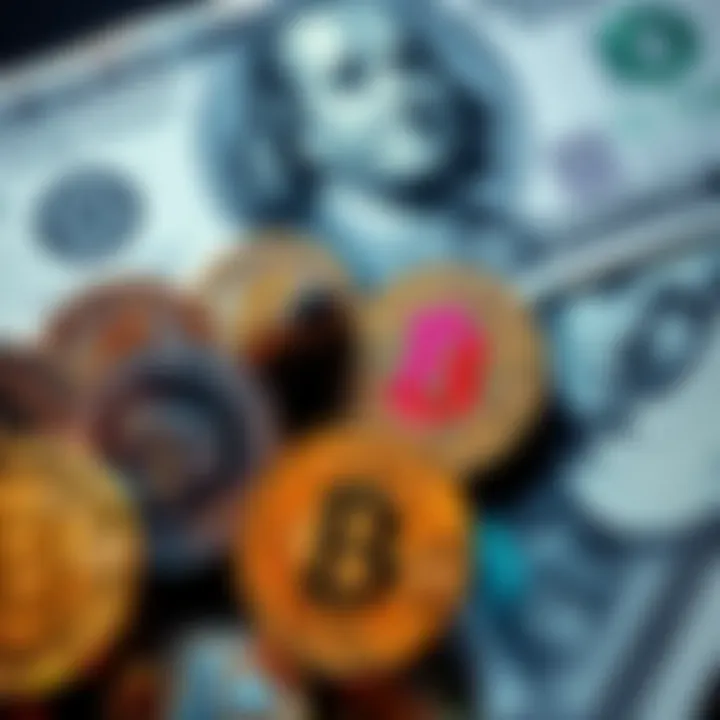 A close-up of various cryptocurrency coins beside a US dollar bill, illustrating the contrast in value perception.