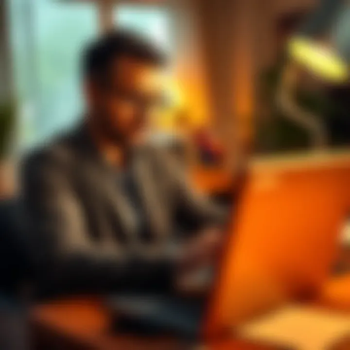 Crypto Coins Selection A person examining different cryptocurrencies on a laptop, looking focused and thoughtful in a home office setting.