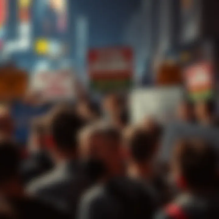Crowd expressing frustration over crypto projects with signs about scams and unrealistic promises, symbolizing the challenge of distinguishing real value from hype.