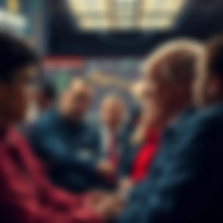 A worried group of people looking at their declining cryptocurrency investments on screens, reflecting their financial struggle due to the market collapse.