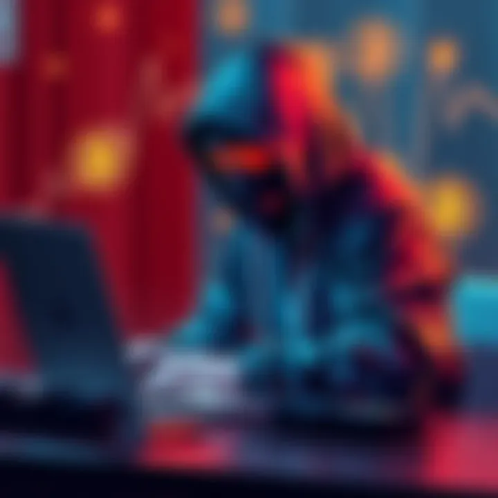 A digital illustration showing a hacker in a hoodie coding on a laptop with cryptocurrency symbols in the background, representing the increase in cybercrime related to digital currencies.