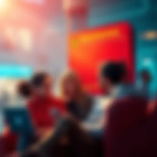 A group of people chatting on a dating app, with a warning sign about crypto scams in the background.