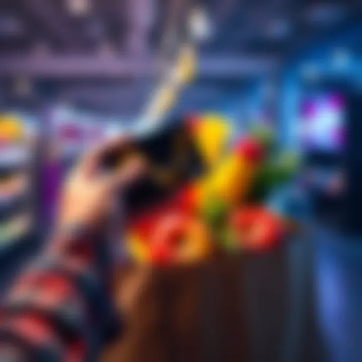 A hand holding a crypto debit card next to a grocery bag filled with food items, symbolizing using crypto for everyday purchases.