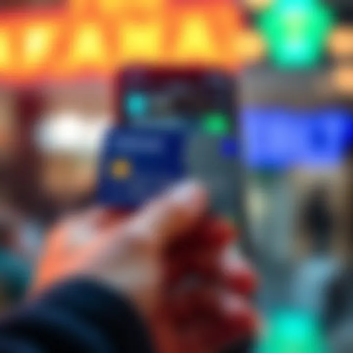 A person holding a crypto debit card with a digital wallet app in the background, representing modern finance and spending.