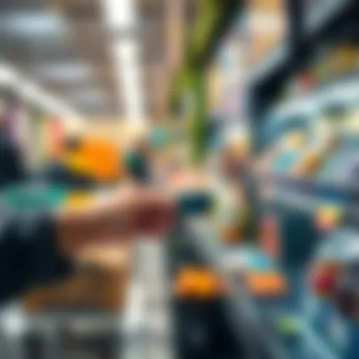 A person using a crypto debit card to pay for groceries at a checkout counter, showing everyday purchases with cryptocurrency.