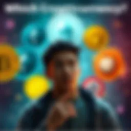 A person contemplating between buying Bitcoin, Ethereum, and Dogecoin, with logos of each crypto around them.