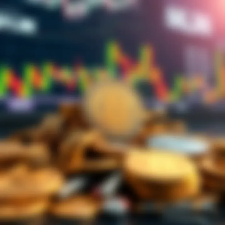 Crypto Coins Against Inflation A pile of various cryptocurrency coins positioned to symbolize protection against rising inflation, with a blurred financial market background.