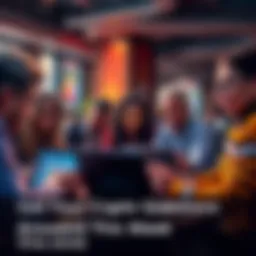 A group of people of diverse backgrounds engaging in a discussion about cryptocurrency, with laptops and smartphones around them.