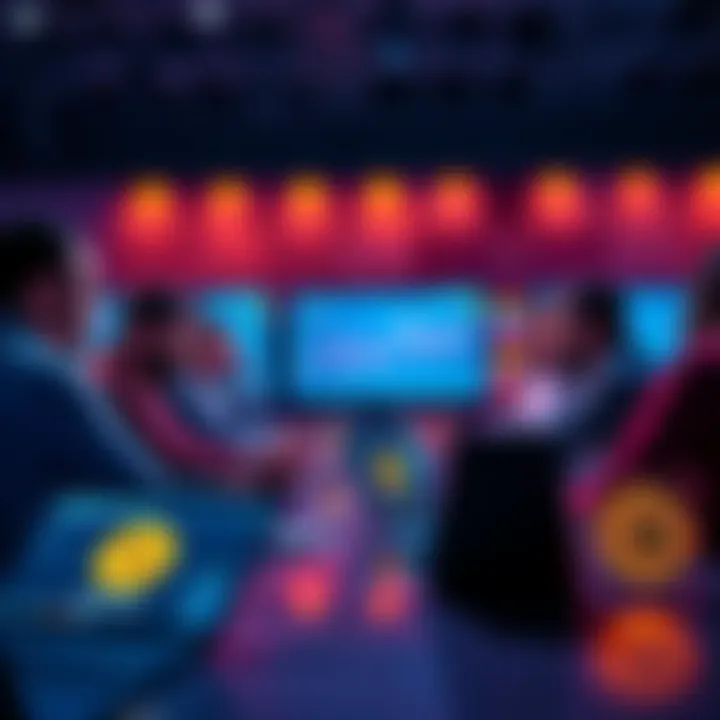 A group of people engaging in a discussion about cryptocurrency with laptops and charts in the background