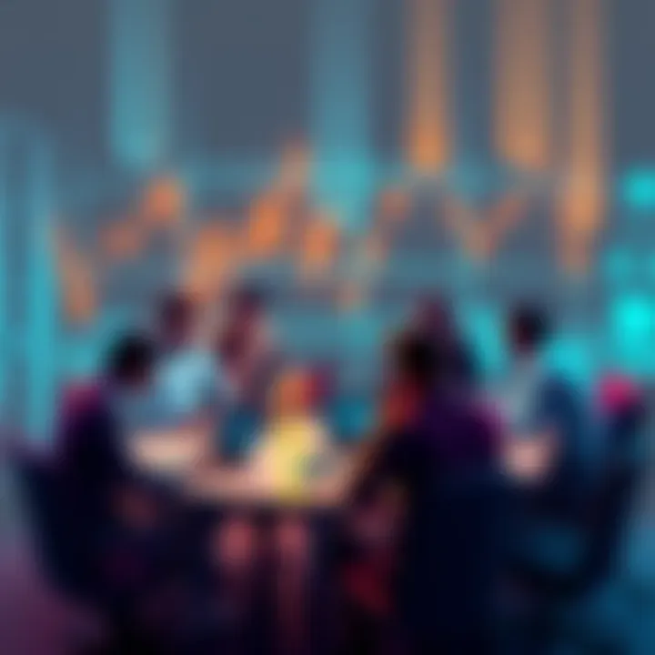 A group of people engaging in a discussion about cryptocurrency at a round table with laptops and charts