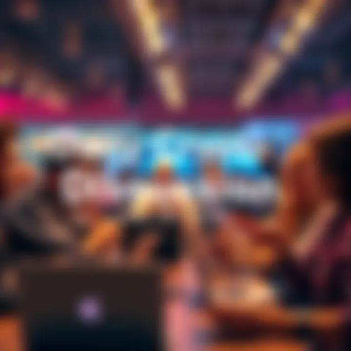 A group of people engaged in a lively discussion about cryptocurrency with laptops and phones, showcasing a vibrant online community.