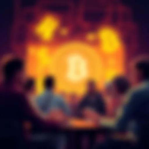 A group of people engaged in a serious discussion about cryptocurrency, sharing tips and warnings, with digital currency symbols in the background.