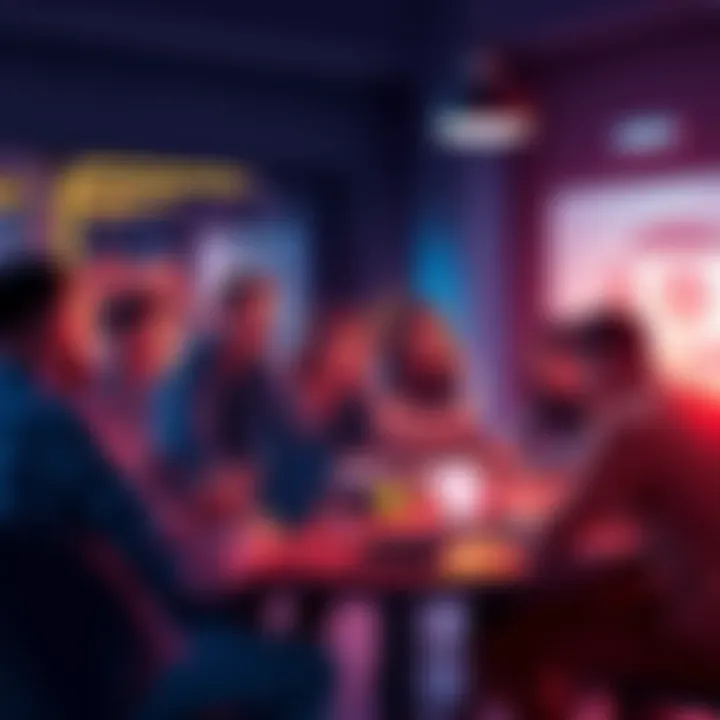 A group of people discussing cryptocurrency trends around a table with laptops and phones