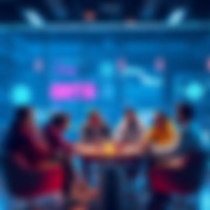 A group of people discussing cryptocurrency trends and trading tips in a casual setting.