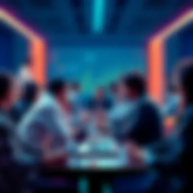 A group of people discussing cryptocurrency with laptops and phones, representing a vibrant online forum.