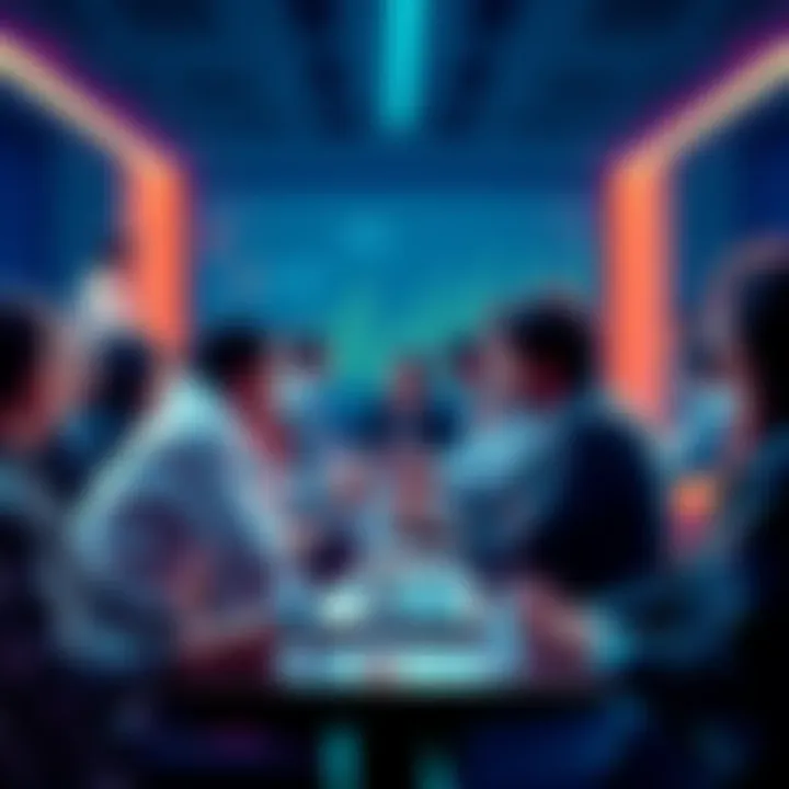 A group of people discussing cryptocurrency with laptops and phones, representing a vibrant online forum.