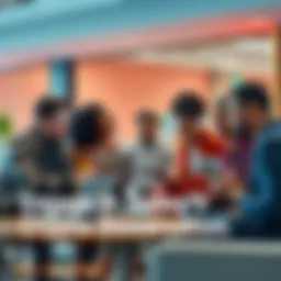 A group of diverse people discussing cryptocurrency with laptops and phones in a casual setting.