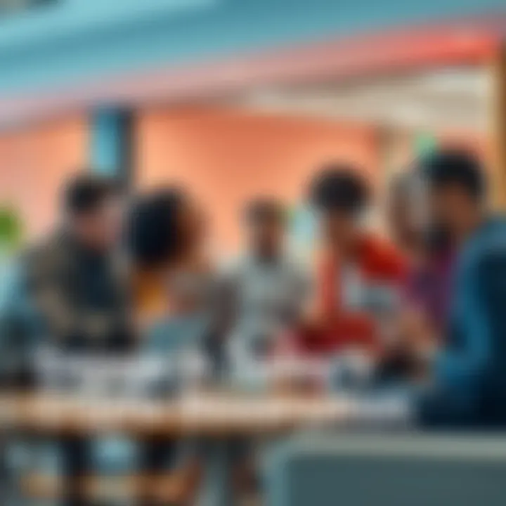 A group of diverse people discussing cryptocurrency with laptops and phones in a casual setting.