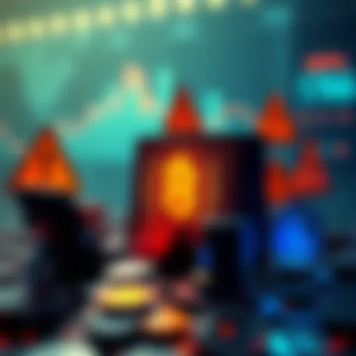 Graphic showing a discussion on cryptocurrency trends and warnings, featuring coins and warning signs.