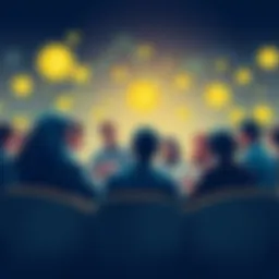 A group of people engaging in a lively discussion about cryptocurrency, with charts and digital coins in the background.