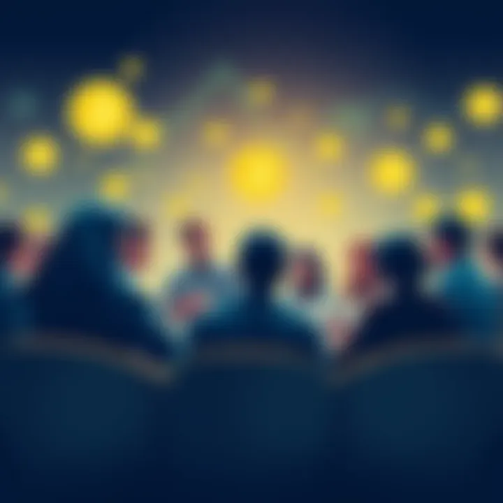 A group of people engaging in a lively discussion about cryptocurrency, with charts and digital coins in the background.