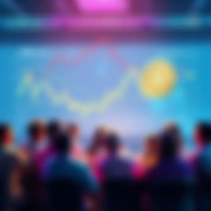 A group of people engaging in a lively discussion about cryptocurrency trading tips, with charts and digital coins displayed