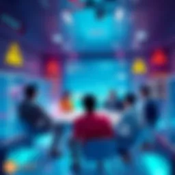 A group of people discussing cryptocurrency on a digital forum with caution signs in the background
