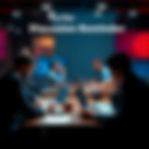 A group of people discussing cryptocurrencies at a table with laptops and notepads